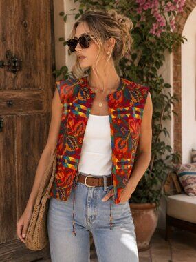 Vintage Saks Fifth Avenue Colorful Woven Vest Boho Artsy Southwestern Flawed